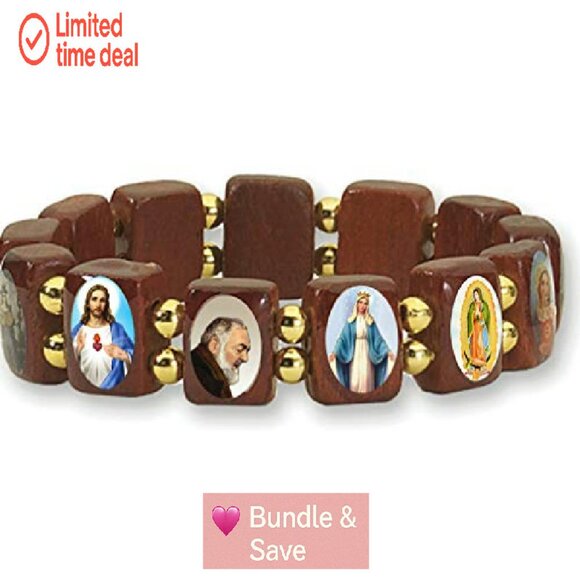 Wood Stretch Bracelet with Saints Images, Unisex Devotional Jewelry - Picture 3 of 8